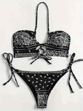 NIP 2-Piece High-Cut Bikini Set - Halter Neck with Ring Detail, Tie-Side- Large