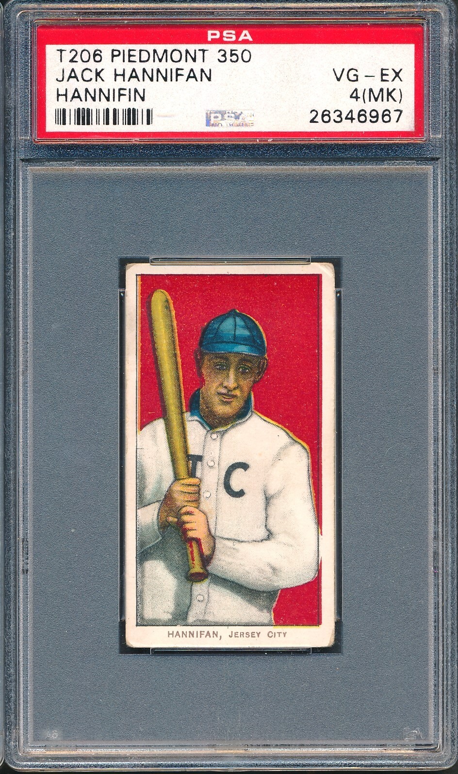 T206 Piedmont 350: JACK HANNIFAN Jersey City ~ PSA 4 mk? (Factory lines on back)