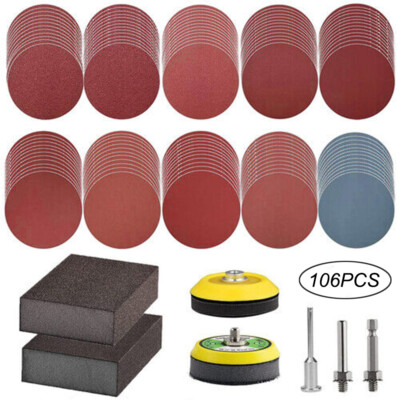 106Pcs 3Inch Hook&Loop Pad Sanding Disc for Drill Wet Dry Sandpaper Sponge Block