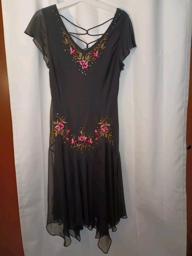 SL Fashions Womens Asymmetric Fairy Dress 14 Black Floral Flutter Slv Fairy