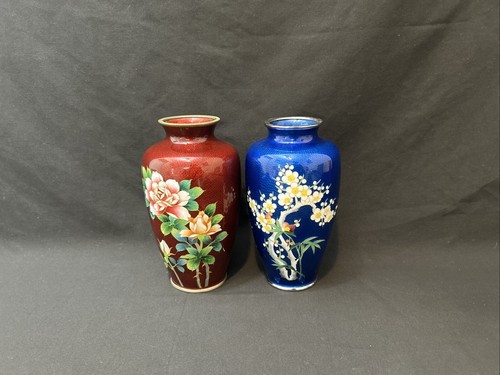 2 Japanese Red And Blue Ginbari Cloisonne Enamel Vases CHIPS And Scratches