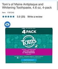 Tom's of Maine Antiplaque and Whitening Toothpaste, 4.6 oz, 4-pack