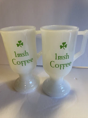 Vintage Irish Coffee Set of 2 Pedestal Milk Glass Mugs