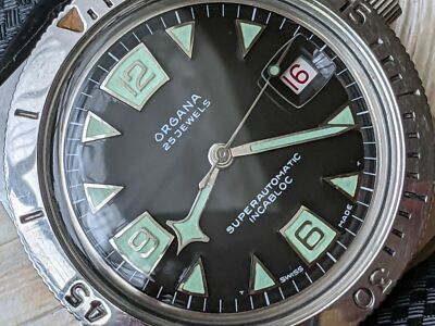 Vintage 1960s Organa 20 ATM Diver w/All SS Submarine Case,Red Date,ETA 2452 Mvmt