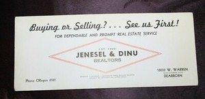 Vtg Dearborn MICH Jenesel & Dinu Ink Blotter Advertising realtors est. 1922 NOS