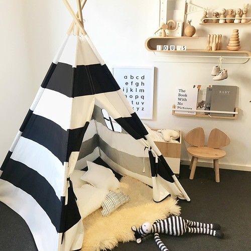 Large Striped Kids Teepee Portable Canvas Tent Foldable Playhouse Indoor Outdoor