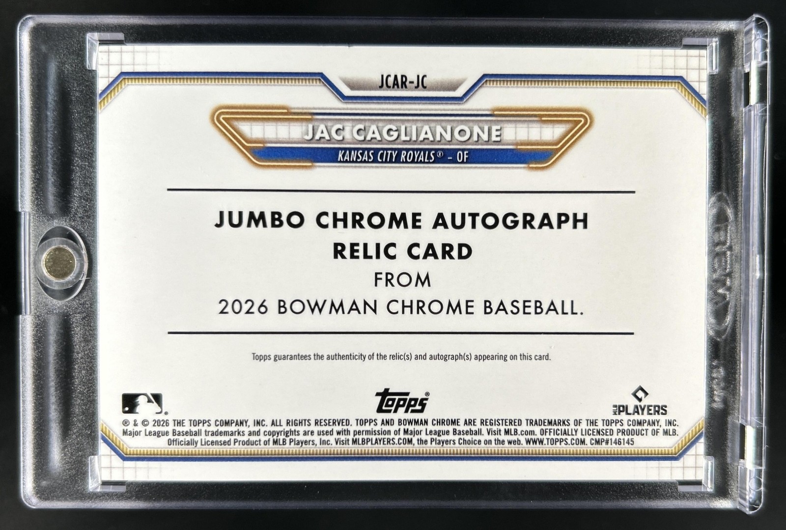 2026 Bowman Chrome Jac Caglianone Jumbo Patch Auto Red Refractor SP RC #/5 view 2