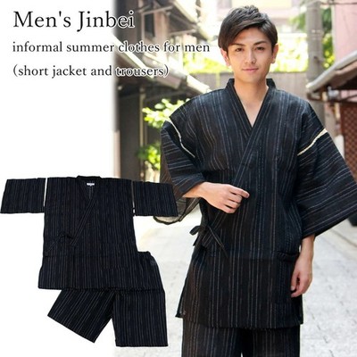Japanese Men's Jinbei Set   Deep Navy Stripe Cotton Linen, Size 3XL