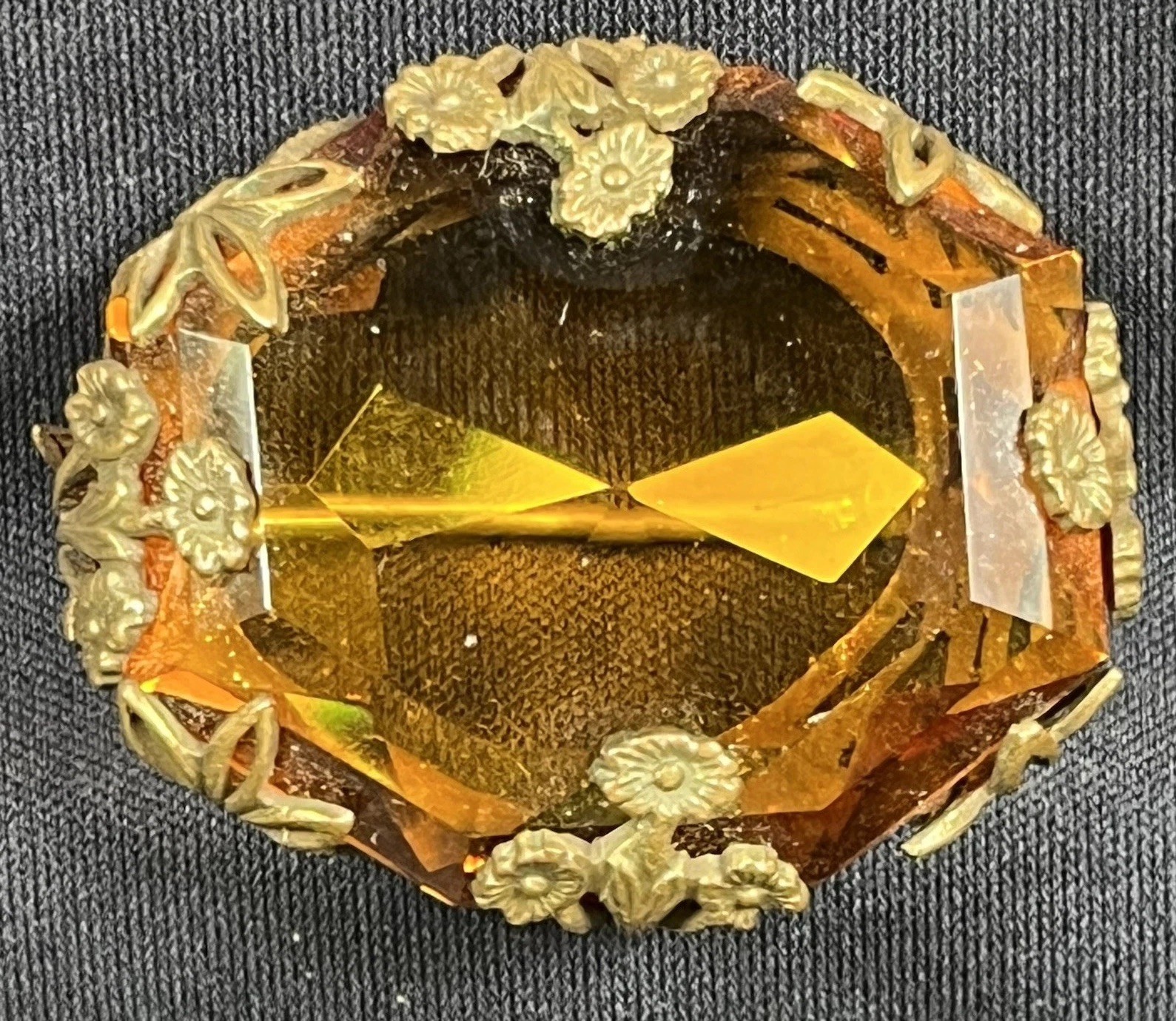 Vintage Brass Floral Brooch Pin, Oval Amber Glass Stone, Gold Tone, 1.75in