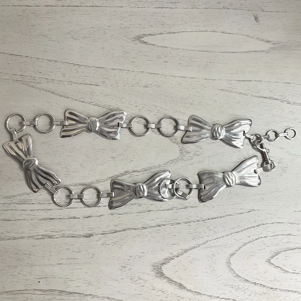 Silver Tone Textured Bow O-Ring Adjustable Chain Belt Womens Coquette Retro Y2K - Image 2 of 4
