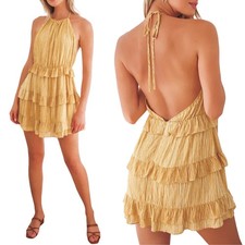 Lulus Downright Darling Mini Dress Backless Halter Tiered Mustard Yellow NEW M
