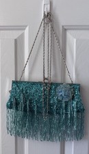 Blue Beaded Fringe Clutch/Shoulder/2 chain strap bag with flower