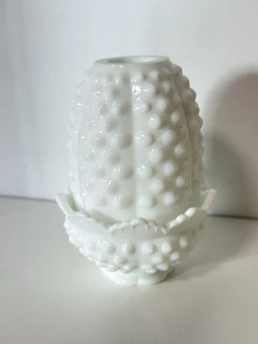 Fenton Vintage Glass Milk Hobnail Fairy Lamp 2 Piece Excellent Condition