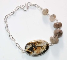 Beaded Bezel Ocean Jasper Natural Black Rutile 925 Silver Plated Bracelet 8