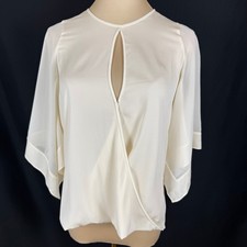 Halston Heritage Cream Stretch Silk Kimono Sleeve Faux Wrap Blouse 2 Luxury