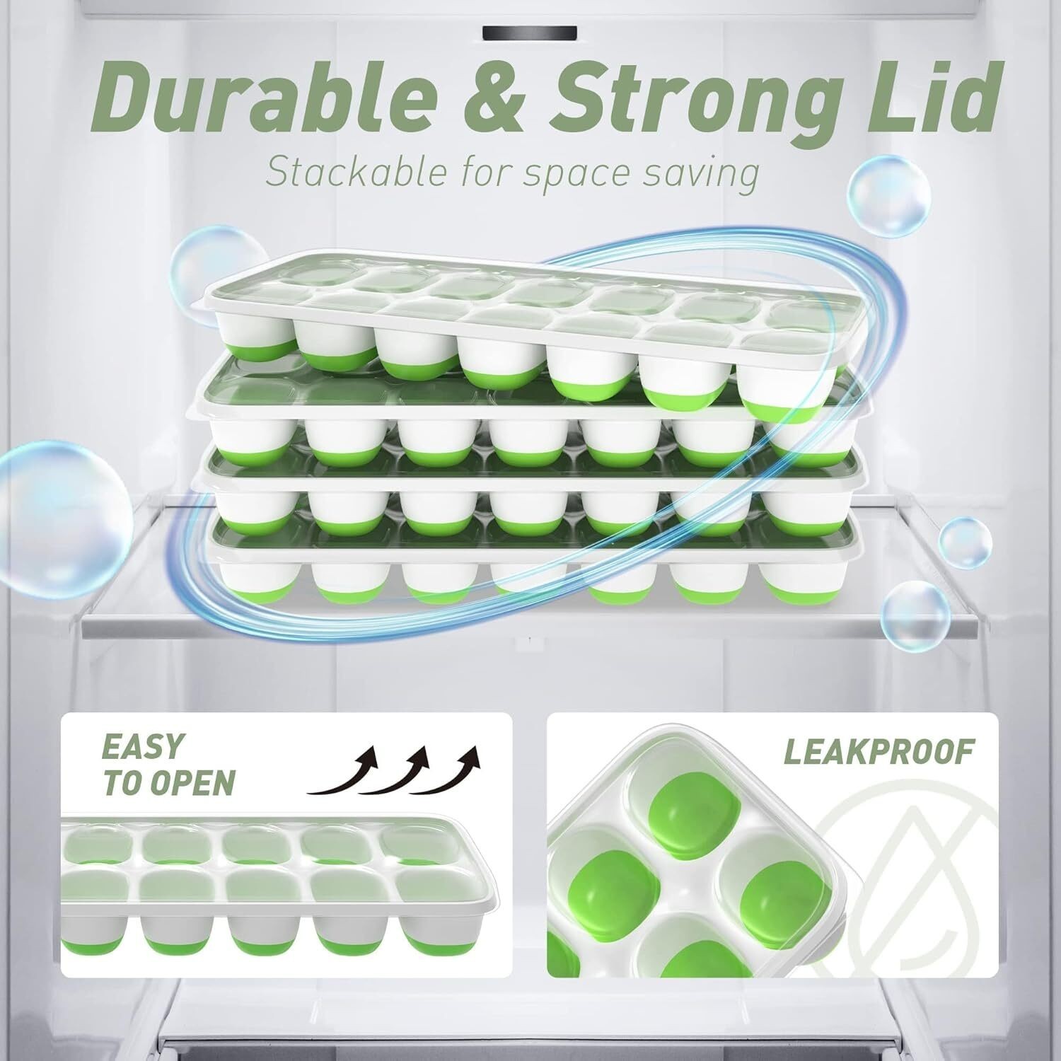 Ice Cube Tray with Lid, 4 Pack Durable Stackable Ice Cube Trays for Freezer with