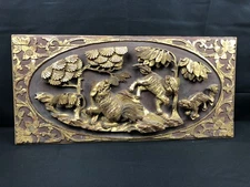 Panneau de bois sculpté asiatique (Chine) du XIXe - Chiens de Fo