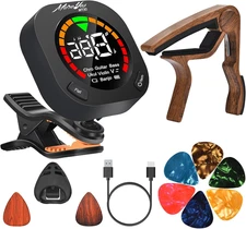 Rechargeable Clip-On Instrument Tuner with Capo, Picks & Holder Chromatic Modes
