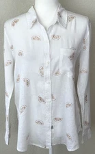 RAILS Gold Glitter Lemon Print White Linen Blend Long Sleeve Button Up Shirt M
