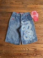VINTAGE DEADSTOCK NWT JNCO Jean Shorts Mens Size 28 Baggy Embroidered Snake