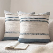 Boho Throw Pillow Covers 18x18 Inch Set of 2, Blue Textured Decorative Couch ...