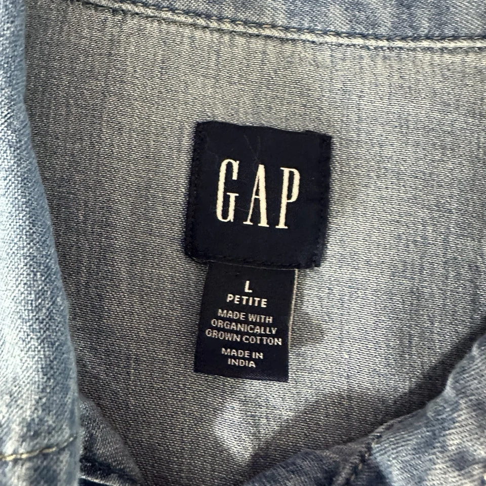 Camisa vaquera a presión Gap Pearl para mujer L Petite algodón orgánico elástico azul occidental Foto 4 de 4