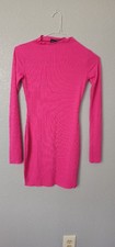 Pink Long Sleeve Mock Neck Knit Bodycon Dress Stretch Short Solid Women