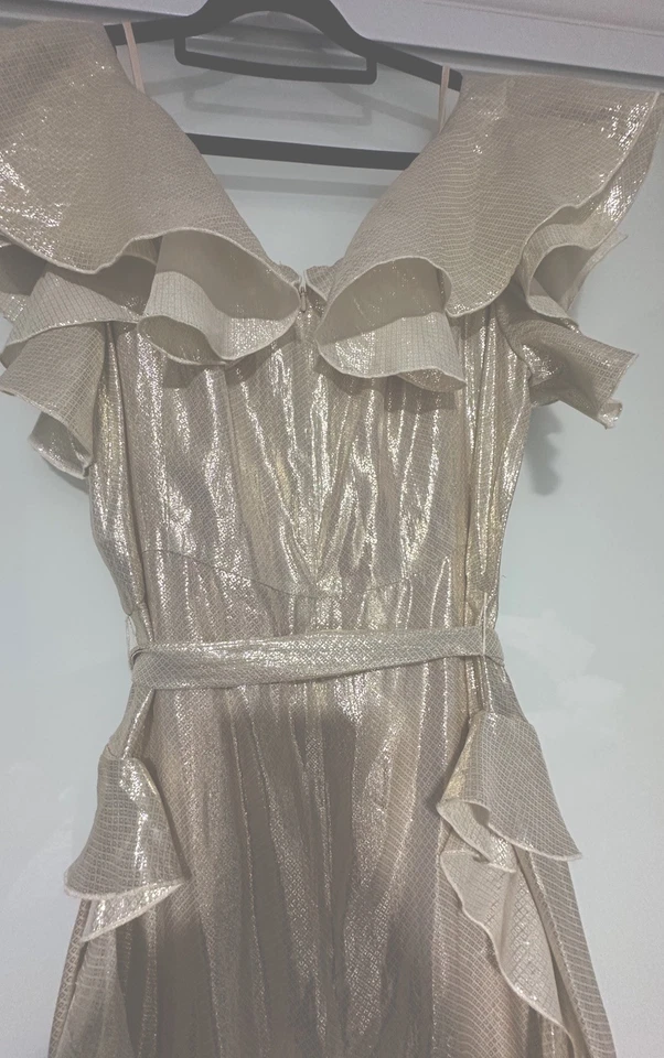 Alice McCall Astrid Plane Gold Gown Size AU 14 US 10 Silk Blend Flowy Formal Foto 4 de 4