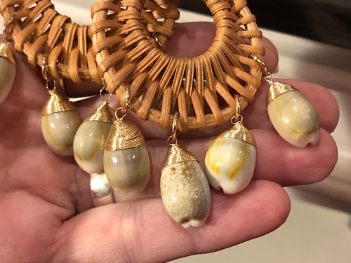Big Boho Woven Rattan Dangle Hoops Wire Wrapped Sea Shells Earrings~Beach/Island - Picture 3 of 7