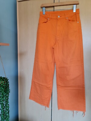 H&M Divided size 12 vibrant orange trouser distressed frayed edge wide leg jeans