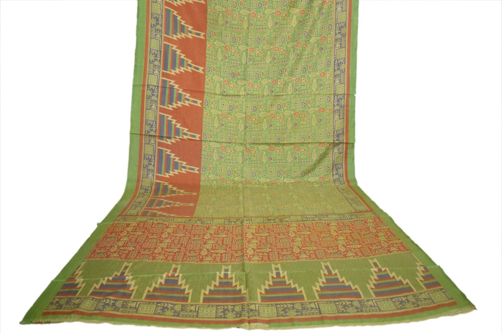 FNC Vintage Green Saree Sambalpuri Woven Floral Print Blend Silk Sari Fabric 5YD