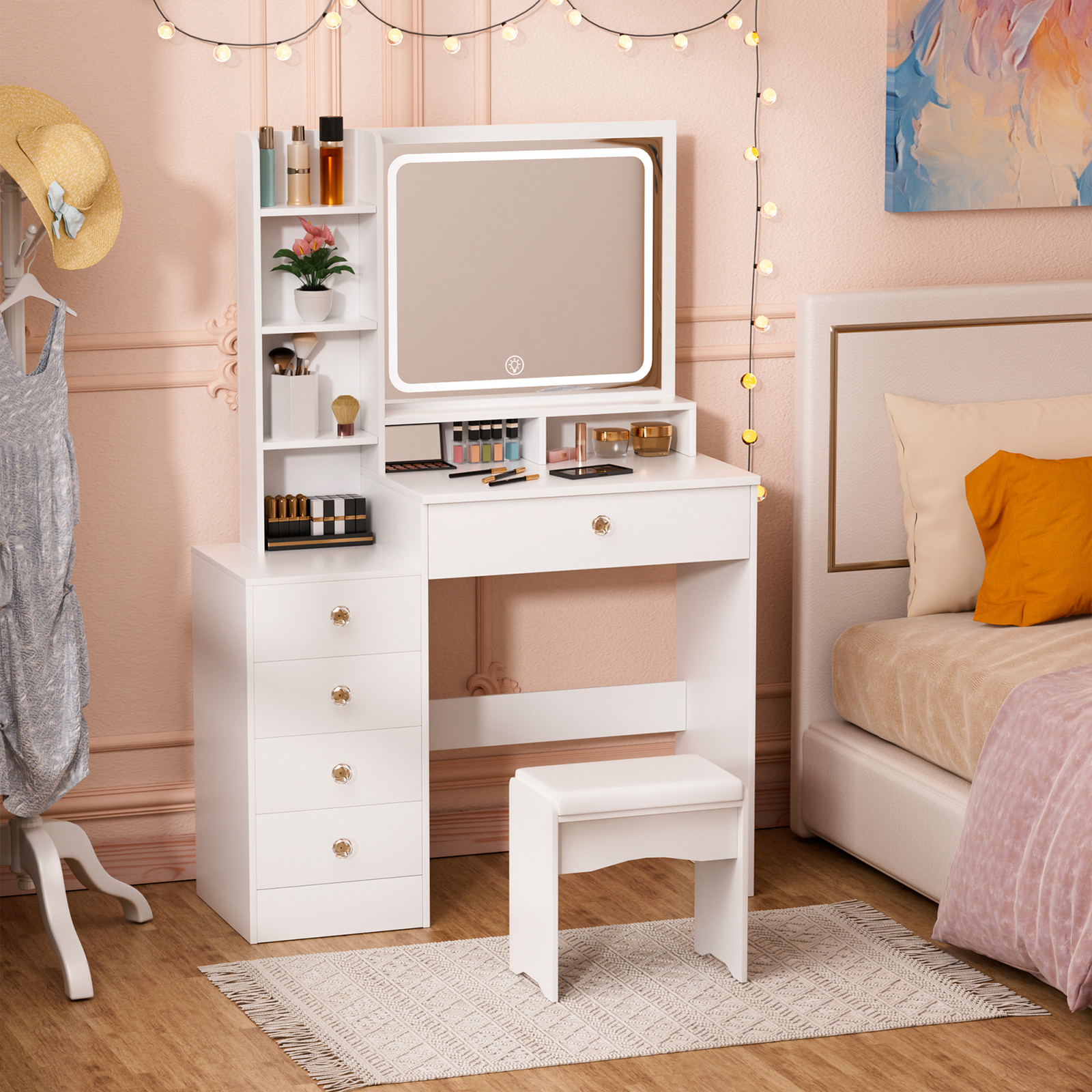 Dressing Table Makeup Vanity Desk w/LED Lighted Mirror, Vanity Table w/5 Drawers
