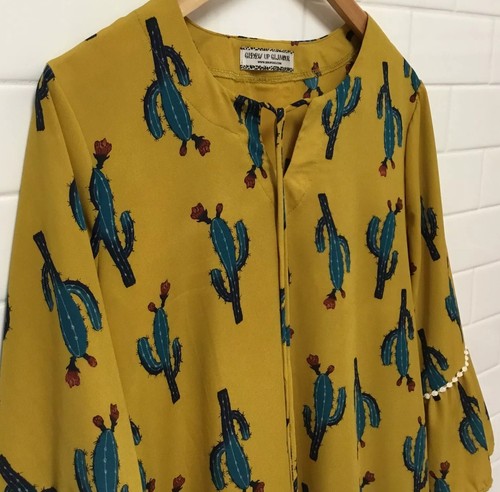 Giddy-Up Glamour Womens Tunic Top Blouse Cactus Print Mustard Yellow Sz M/L - Picture 6 of 12