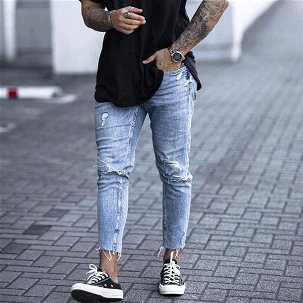 Men Stretchy Ripped Skinny Jeans Destroyed Taped Slim Fit Denim