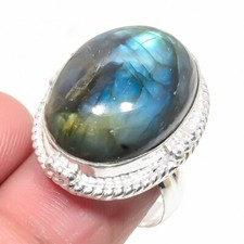 Natural Fire Labradorite Gemstone 925 Sterling Silver Jewelry Ring Sz 6.5 USA