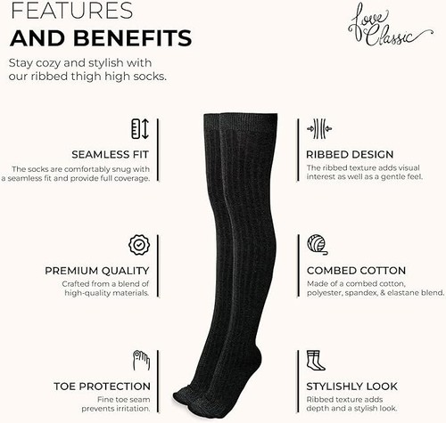 2 Pairs Ribbed Cotton Women's Thigh High Socks Over the Knee Boot Leg Warmers - Picture 11 of 30