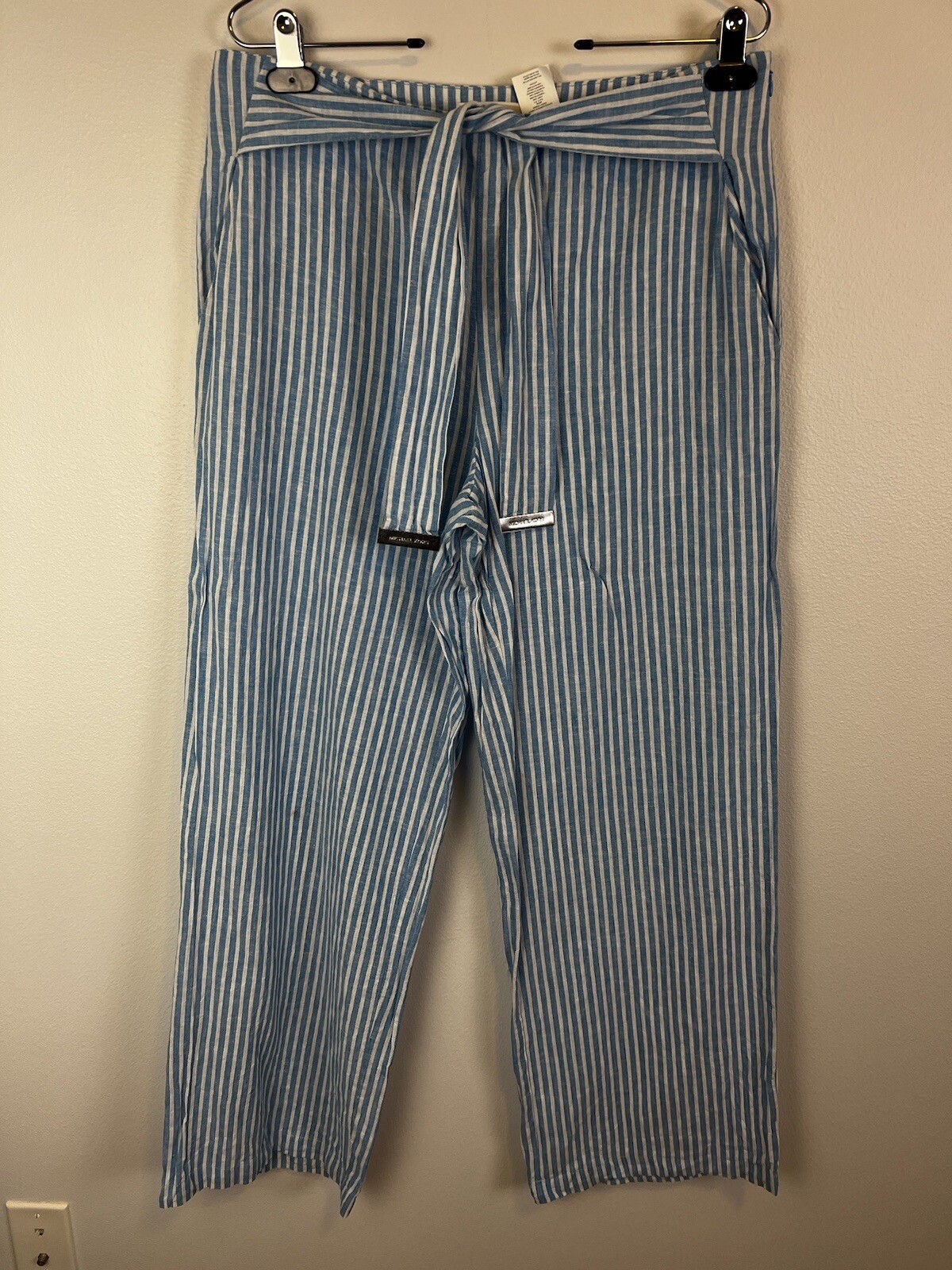 Michael Kors Pants Womens 10 Blue White Striped Tie-Waist Linen Cotton Wide Leg thumbnail 2