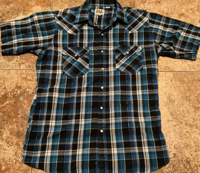 ELY CATTLEMAN PEARL SNAP WESTERN PLAID SHIRT ( MENS M ) BLACK BLUE METALLIC