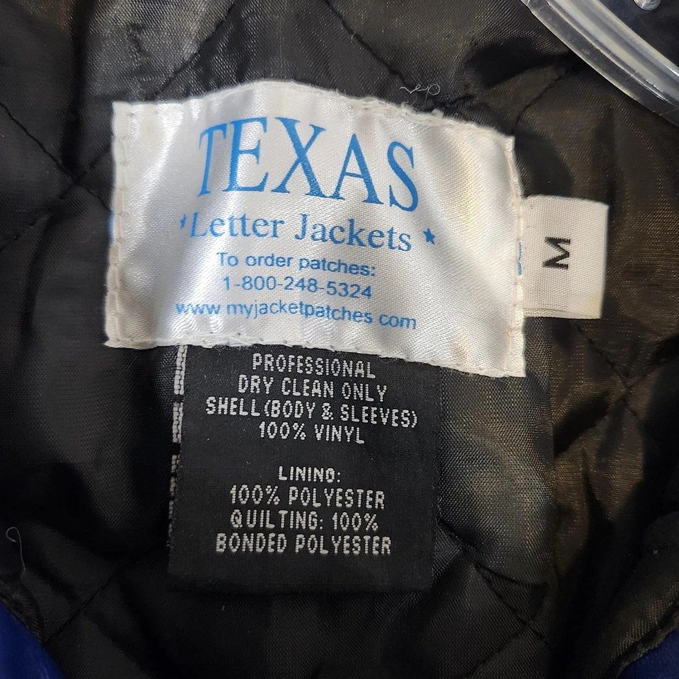 Chaqueta Universitaria Texas Letter Jackets Para Hombre Mediana Azul Vinilo Letterman Parche en T Foto 3 de 4