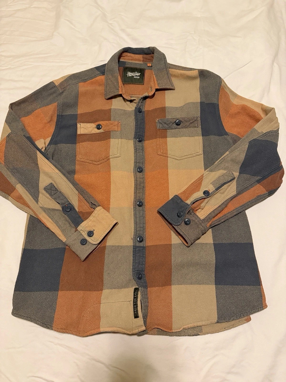 Howler Brothers Harker's Flannel Shirt Men’s Large Orange Plaid Button Up Hiking