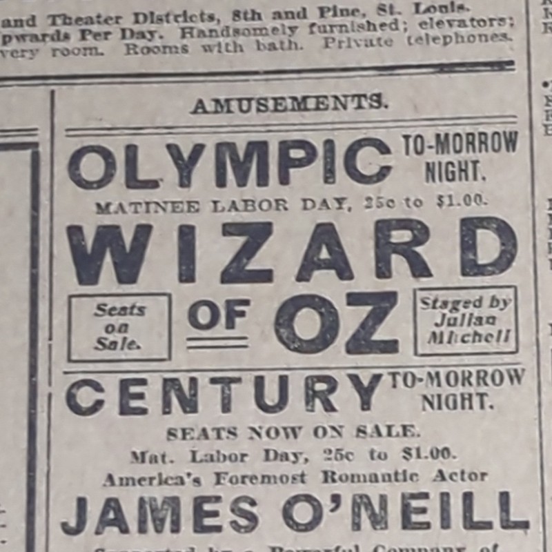 SEPT 1, 1908 NEWSPAPER #2525- WIZARD OF OZ  + ADELAIDE HERRMANN MAGIC SHOW LIVE