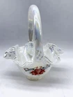 Fenton Hand Painted Hearts and Flower  Pearl iridescent basket Paneled Signed