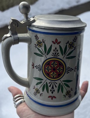 Vintage BMF Bierseidel Beer Stein German Milk Glass Lidded Mug Rein Zinn Lid