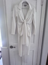 ASOS White Midi Dress Womens US 2 Tie Front Fringe Long Sleeve Bodycon