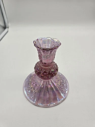 Fenton Daisy & Button Pink Iridescent Carnival Glass Candlestick Holder Set of 2