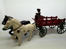 KENTON 2-piece Cast Iron Horse Drawn Red Stake Wagon Green wheels