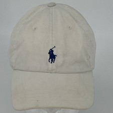 VTG Ralph Lauren Polo Hat - White Cotton StrapBack Baseball Cap - Navy Blue Pony