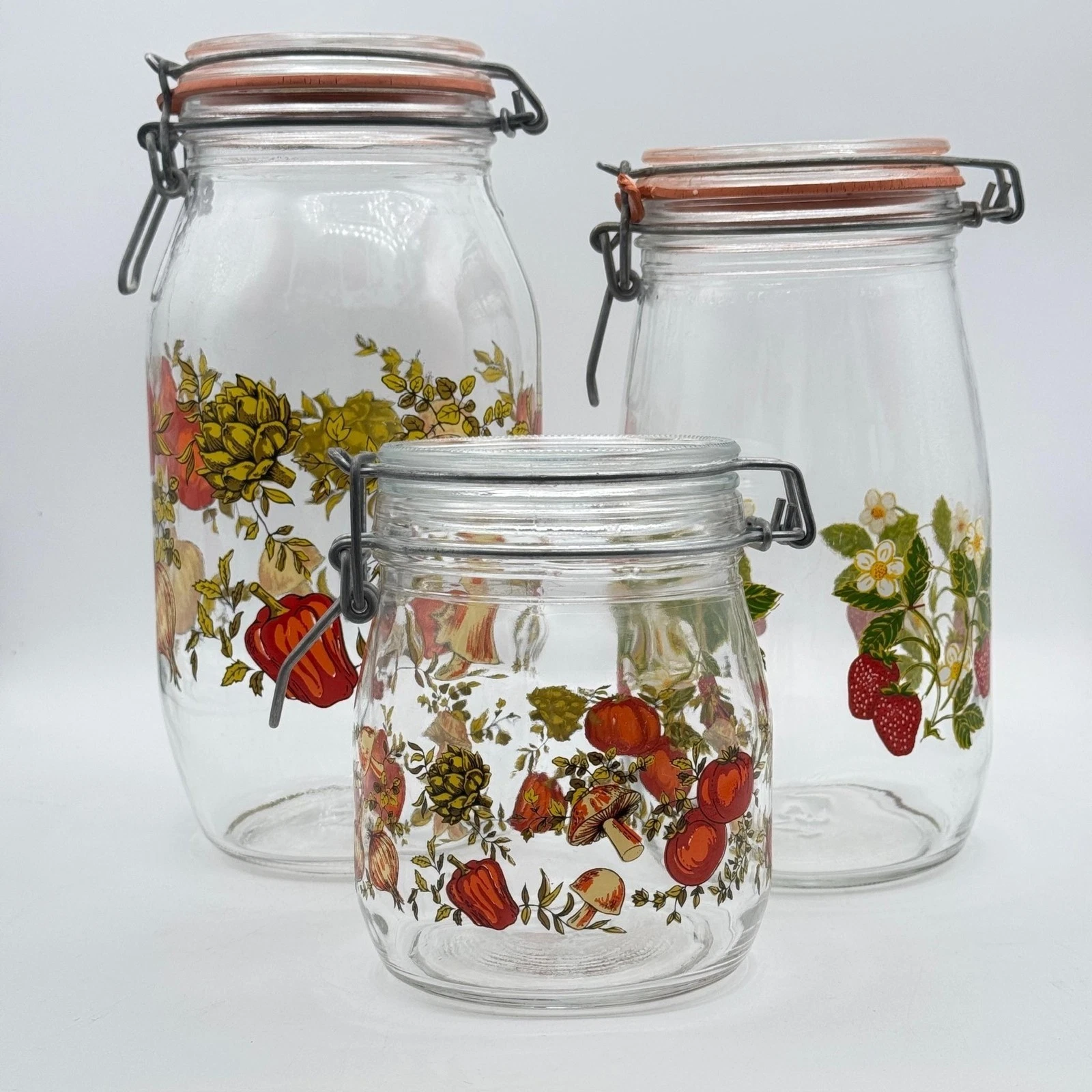 Vintage Glass Canister Jars Set of 3 Fruit Vegetable Print Swing Top