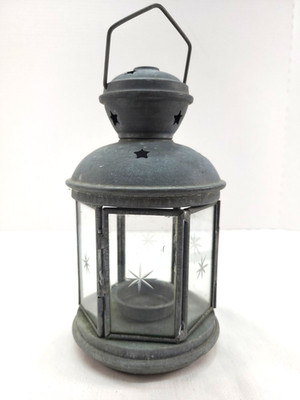Galvanized Lantern Tealight Candle Holder Star Glass Natural Patina Farm House