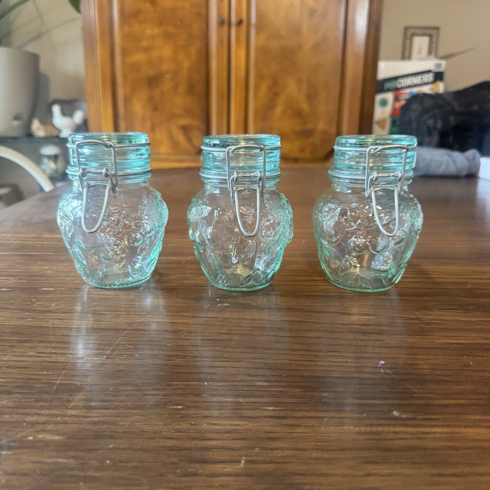 SET OF 3 VINTAGE FRUIT EMBOSSED GREEN HERMETIC GLASS JARS. Mint Cond.